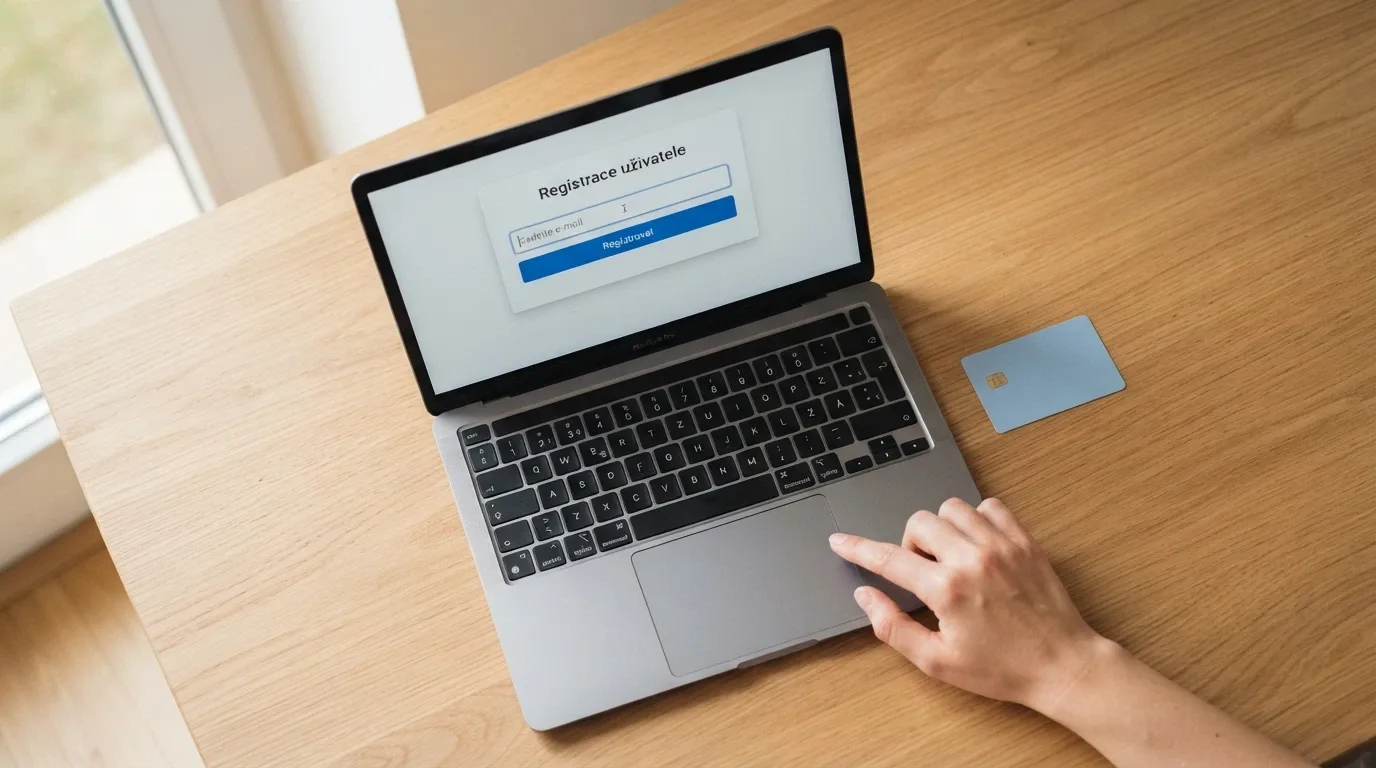 Registrační formulář na obrazovce notebooku vedle občanského průkazu — proces ověření totožnosti v online casinu