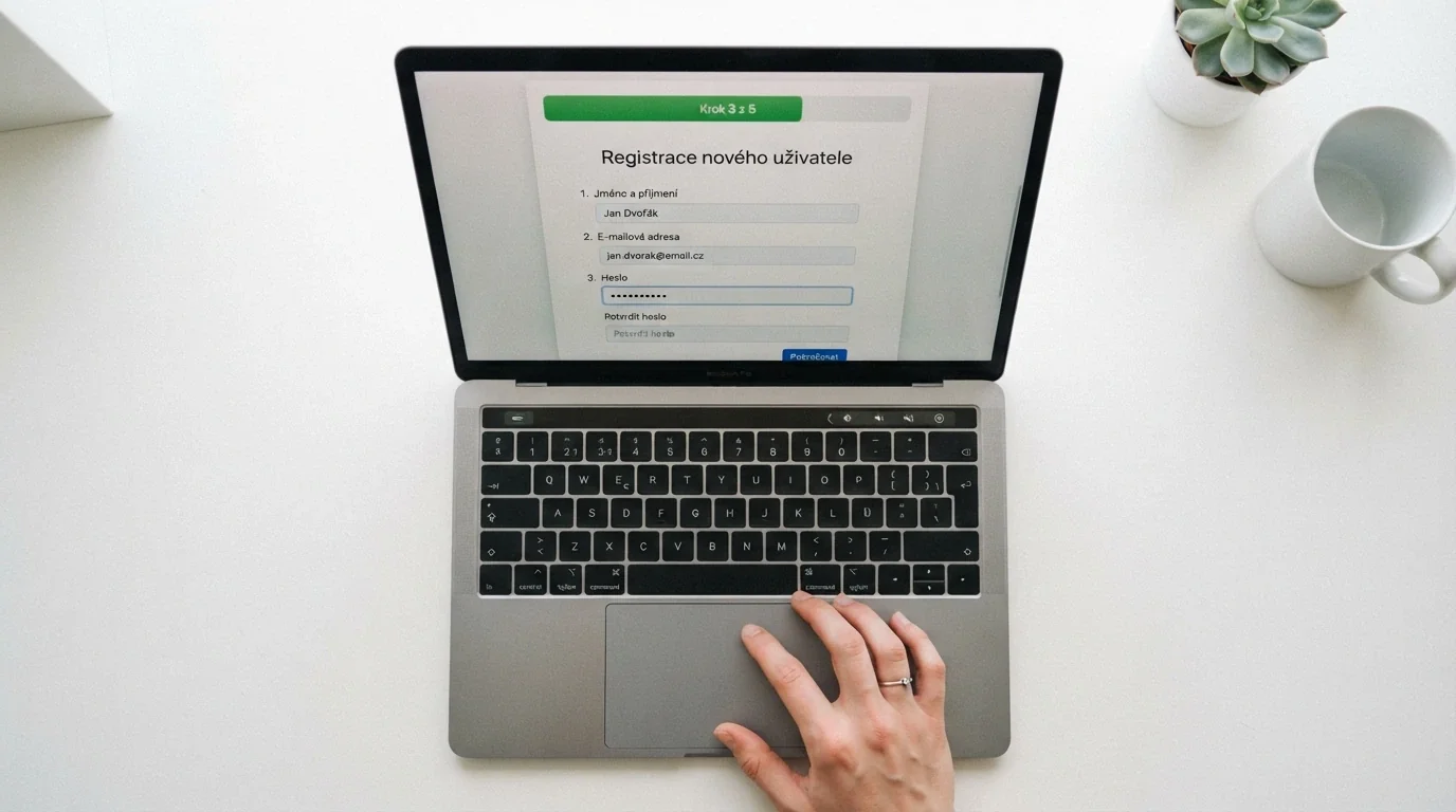 Registrační formulář na obrazovce počítače s vyplněnými poli pro jméno, e-mail a heslo
