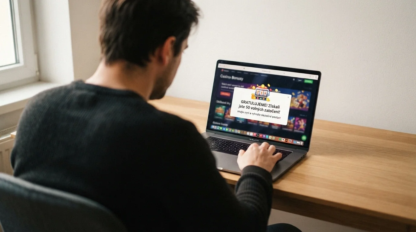 Nový hráč dokončuje registraci do online casina — na obrazovce vyskakuje oznámení o připsaných free spinech, výraz tváře překvapený