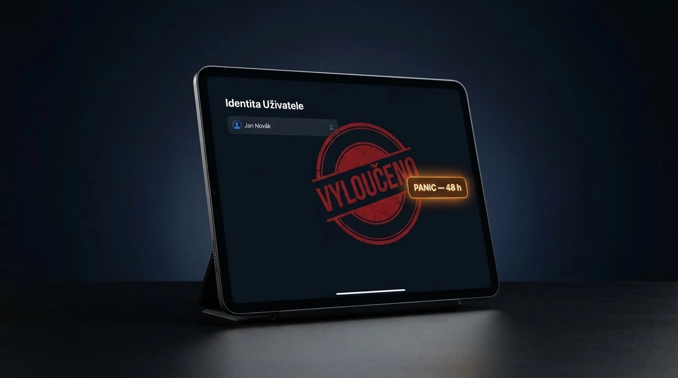 Abstraktní vizualizace digitálního registru — jméno na obrazovce s razítkem „vyloučeno“ a vedle něj tlačítko „Panic — 48 h“