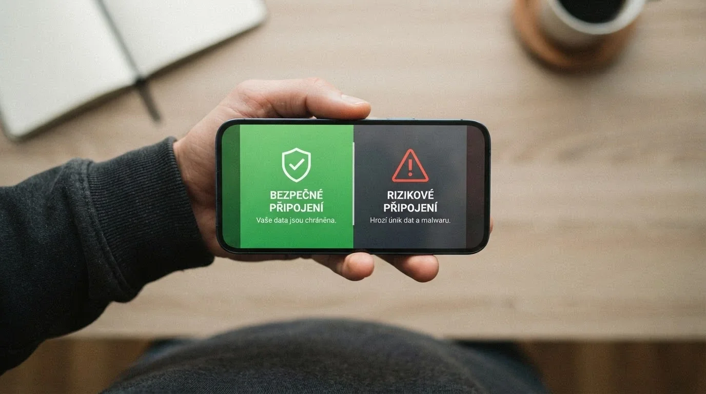 Kontrastní rozdělení obrazovky — vlevo licencované casino s českou vlajkou, vpravo neoznačený web s varovným symbolem