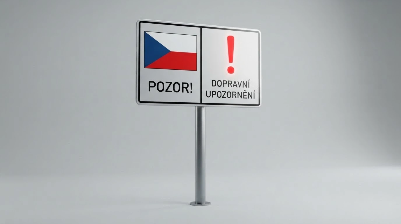 Rozcestník s českou vlajkou na jedné straně a varovným vykřičníkem na straně druhé