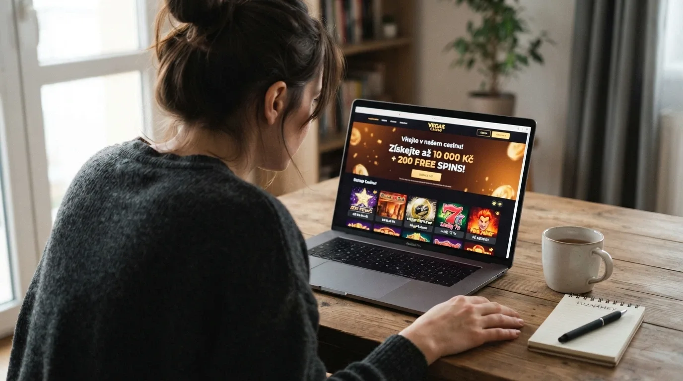 Hráč u notebooku prohlížející si nabídku bonusů v online casinu