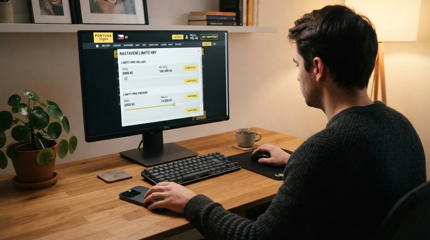 Hráč odkládá mobil a sahá po myši u počítače — na obrazovce české online casino s nastavenými herními limity