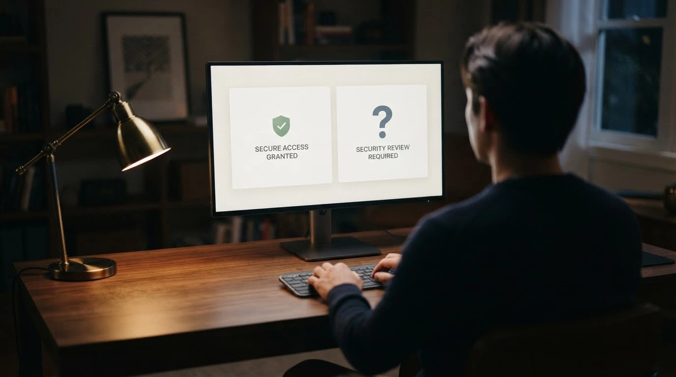 Hráč sedící před monitorem, ruka na myši, výraz zvažování — na obrazovce dvě cesty: ikona licence a ikona otazníku