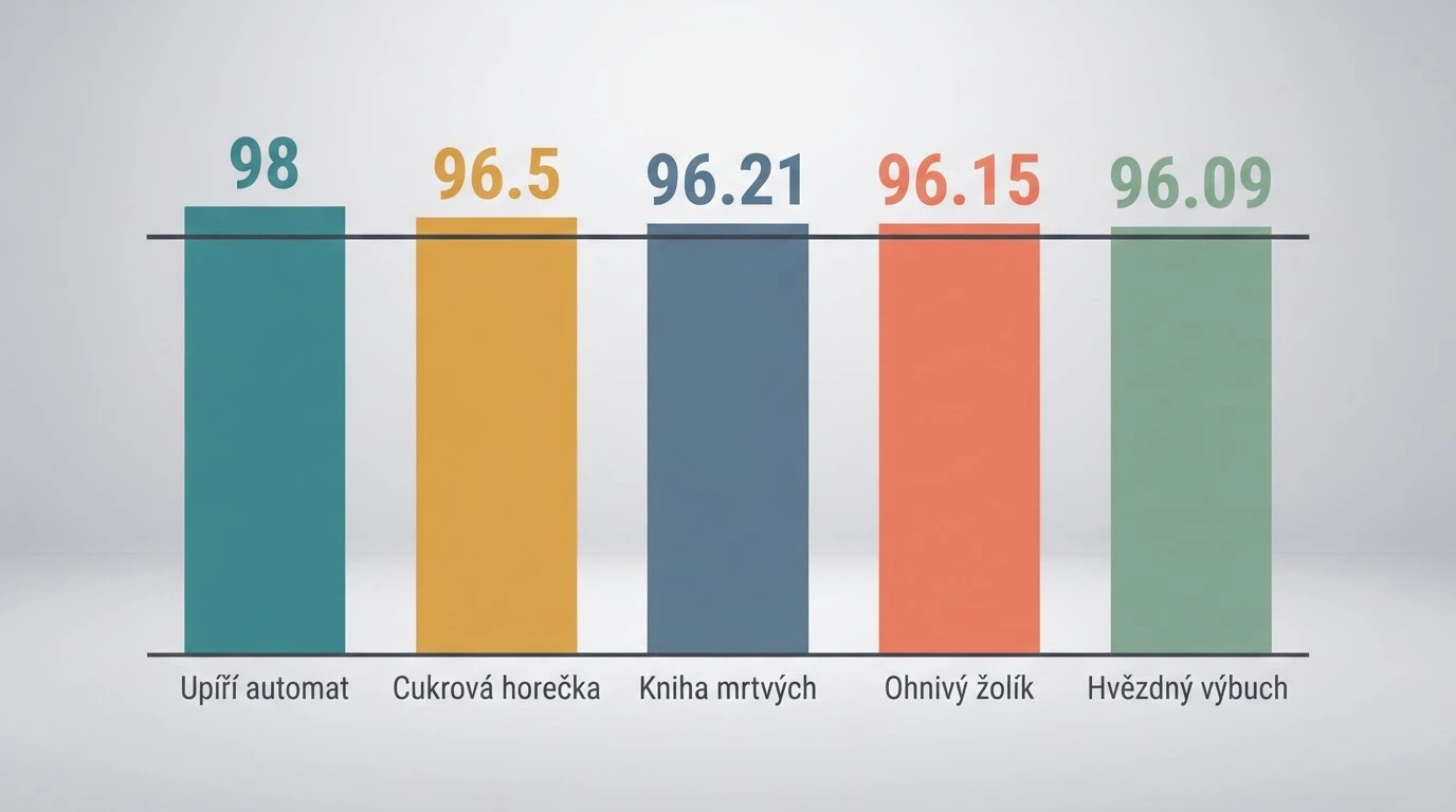 Výběr pěti výherních automatů s uvedenou procentuální výherností RTP