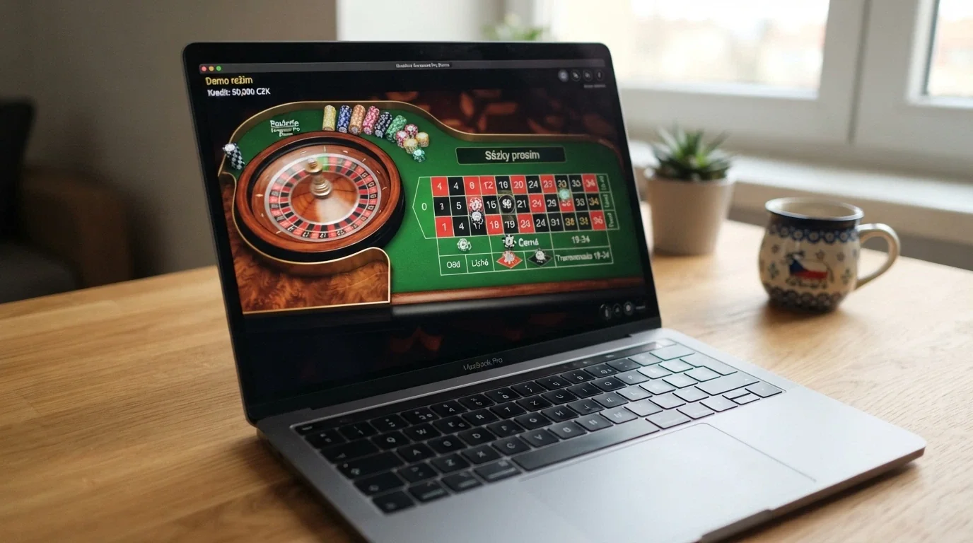 Obrazovka demo režimu online rulety s virtuálními žetony a českým rozhraním