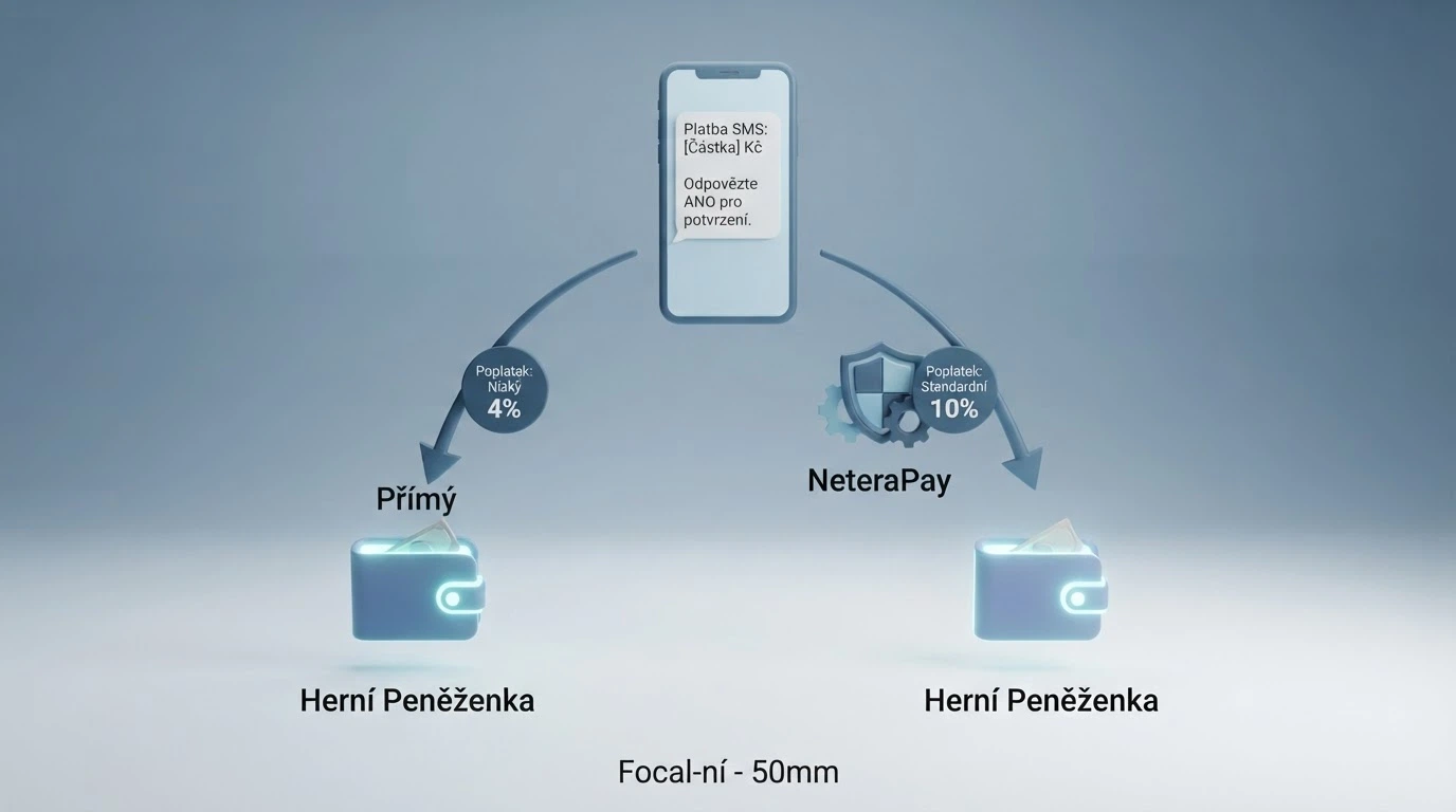 Schéma průběhu SMS vkladu: hráč zadá částku, operátor odešle ověřovací kód, NeteraPay nebo přímá SMS zpracuje platbu, kredit se připíše na herní konto