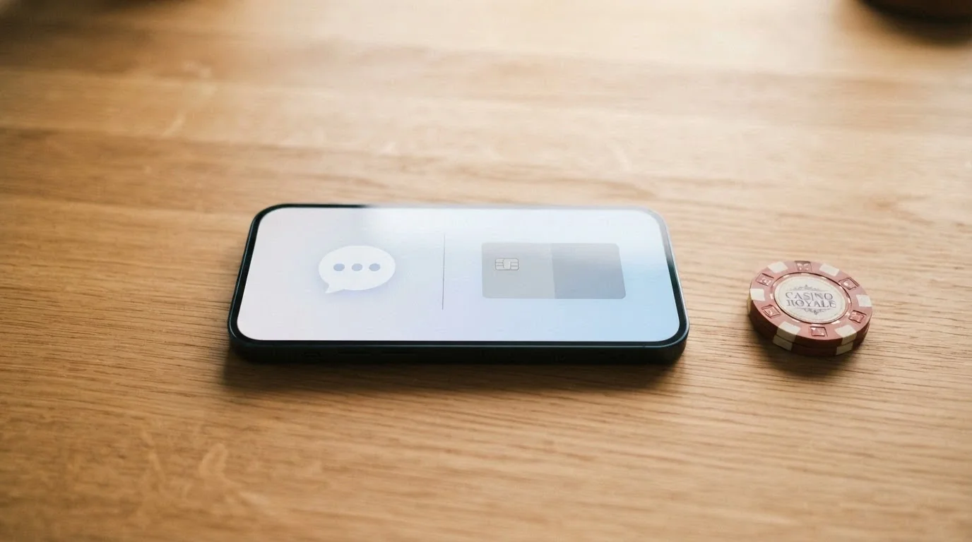 Symbolické znázornění volby — mobilní telefon s ikonou SMS na jedné straně a bankovní karta na druhé