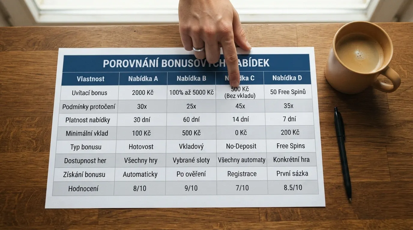 Srovnávací tabulka s pěti sloupci — operátor, licence, bonus, free spiny a poskytovatelé her — seřazená podle výhodnosti