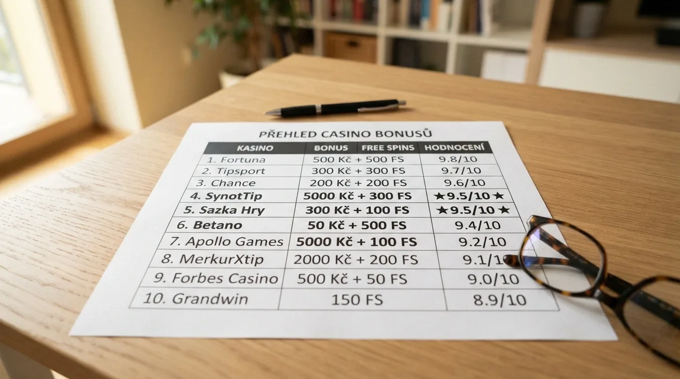Přehledová tabulka s deseti řádky porovnávajícími výši bonusu, počet free spinů a poskytovatele her