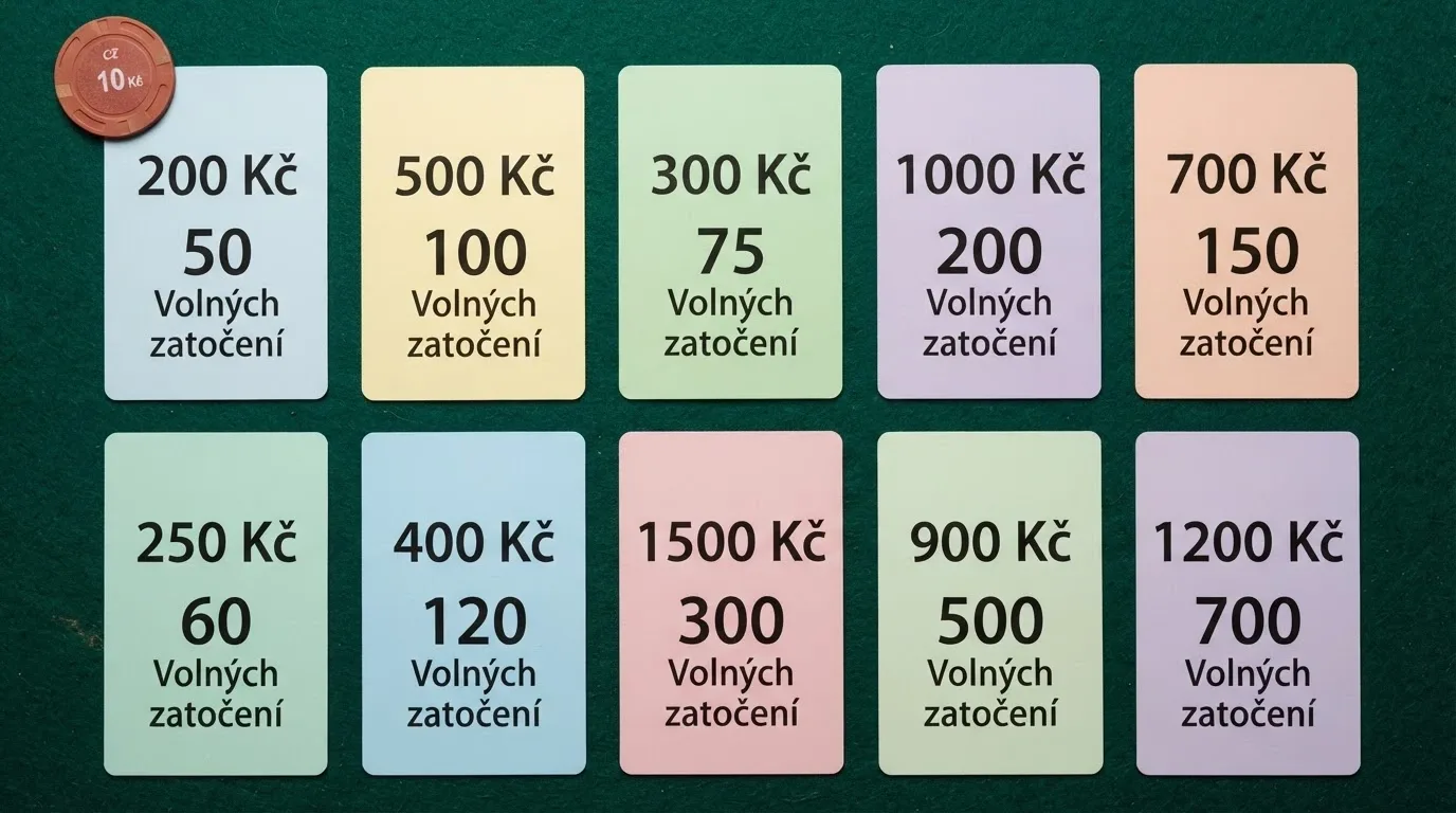 Rozložené karty deseti operátorů s vyznačenými bonusovými hodnotami a počtem free spinů