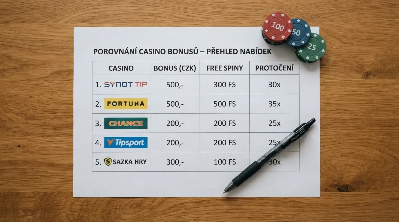 Srovnávací tabulka deseti českých kasin s logy operátorů, sloupce ukazují výši bonusu, počet volných zatočení a protočení