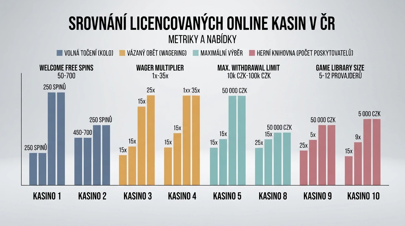 Přehledová tabulka s logy kasin a klíčovými parametry — free spiny, wager, limit výběru