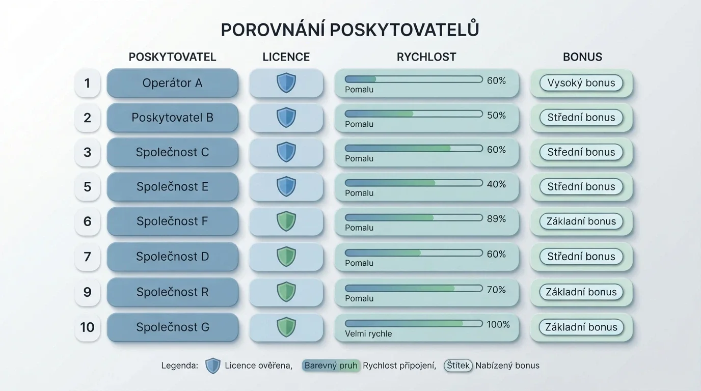 Srovnávací tabulka s logy operátorů a jejich klíčovými parametry — licence, bonus, rychlost výběru