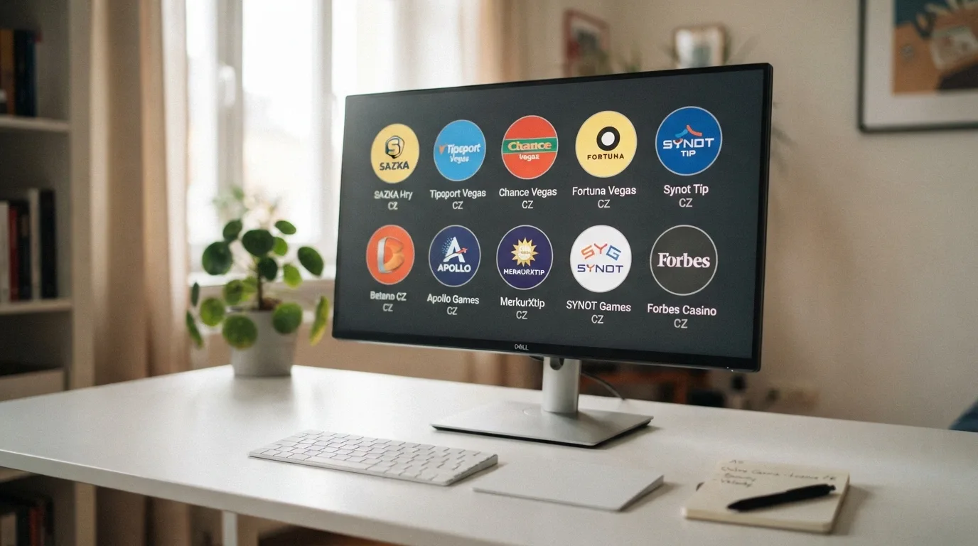 Srovnávací tabulka deseti logotypů českých licencovaných casin na obrazovce monitoru