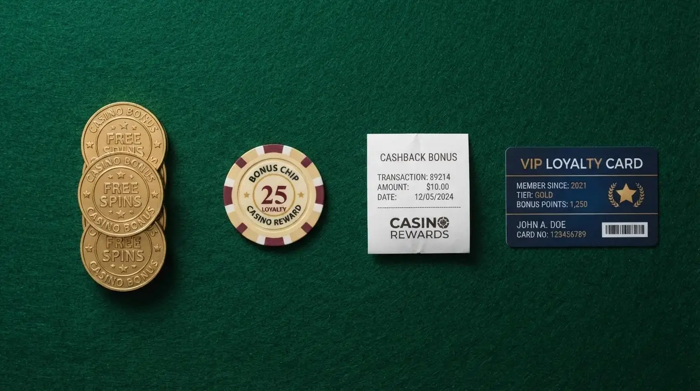 Koláž symbolů různých typů bonusů — volné otočky, kredit, cashback procento, věrnostní body