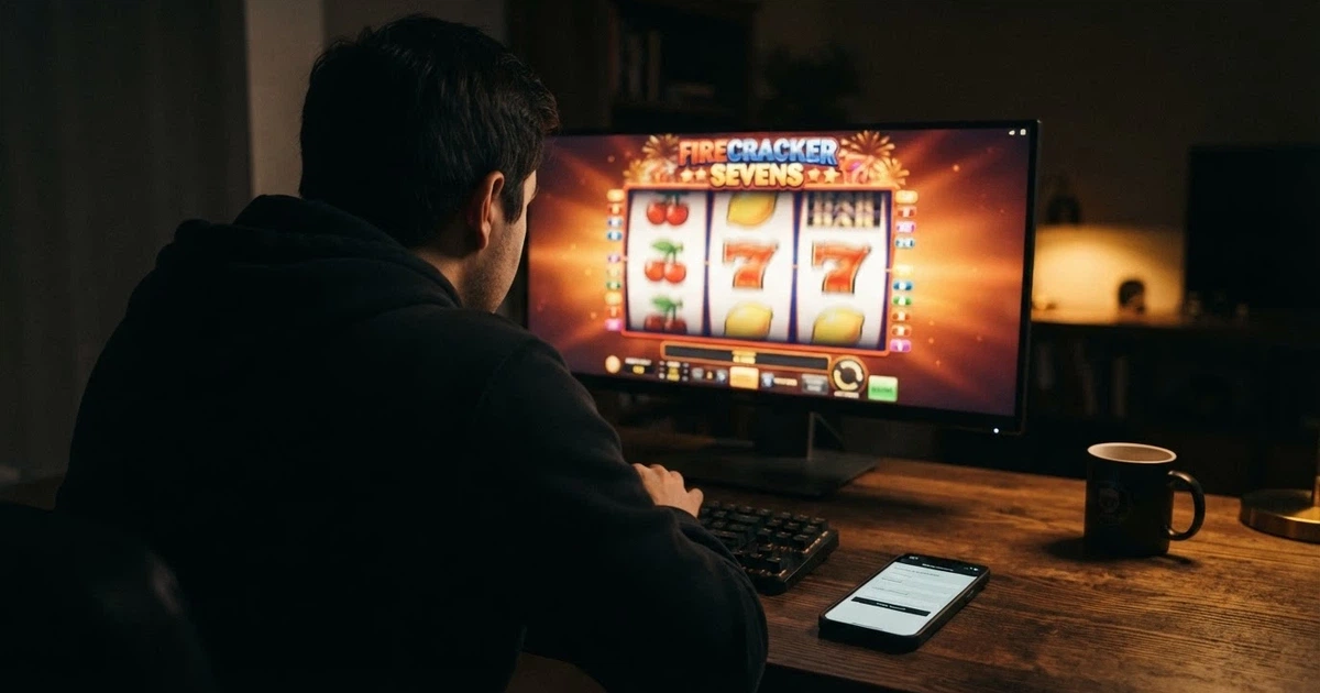 Hráč u obrazovky počítače sleduje roztočené válce automatu, na displeji svítí nápis „free spins“, vedle leží mobil s otevřenou registrační stránkou českého casina.