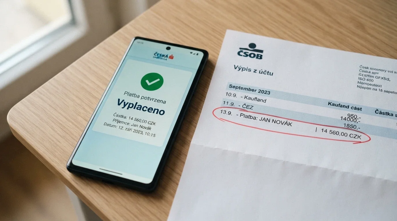 Mobil s potvrzením výběru na Skrill a vedle něj bankovní výpis s třídenním zpožděním