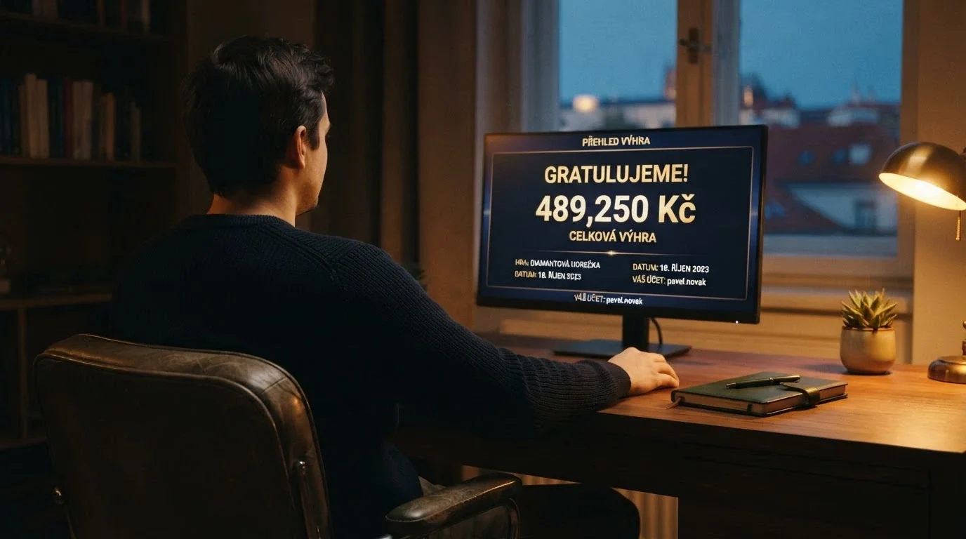 Hráč odcházející od monitoru s výpisem výher, v pozadí loga prověřených casin