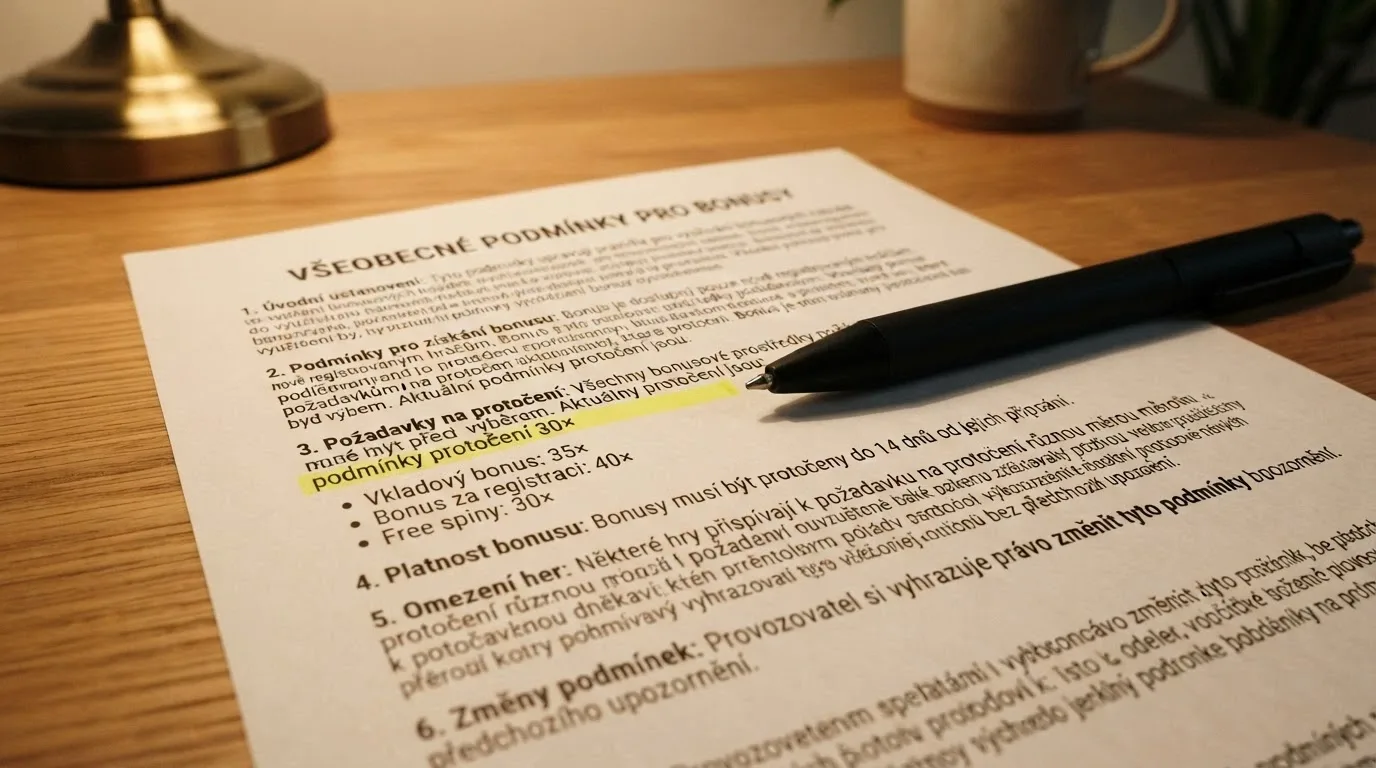 Zvětšený detail podmínek bonusu — zvýrazněný řádek „podmínky protočení 30ד s tužkou nebo kurzorem myši, která na něj ukazuje