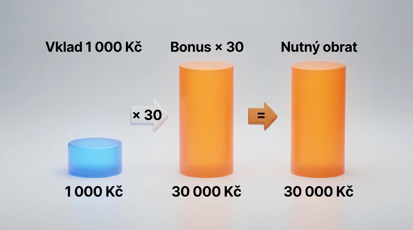 Schéma: vklad → bonus × wagering → nutný obrat → skutečná hodnota, s konkrétním číselným příkladem