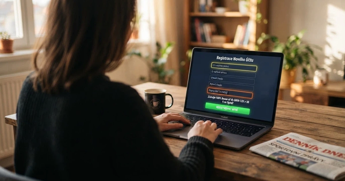 Český hráč si na notebooku prohlíží registrační formulář zahraničního online casina s nabídkou bonusu bez vkladu