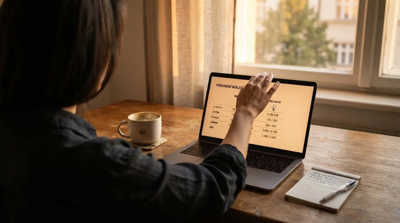 Hráč zavírá notebook — na obrazovce je ještě vidět poslední porovnání bonusů, vedle notebooku šálek vychladlé kávy naznačující čas strávený rozhodováním