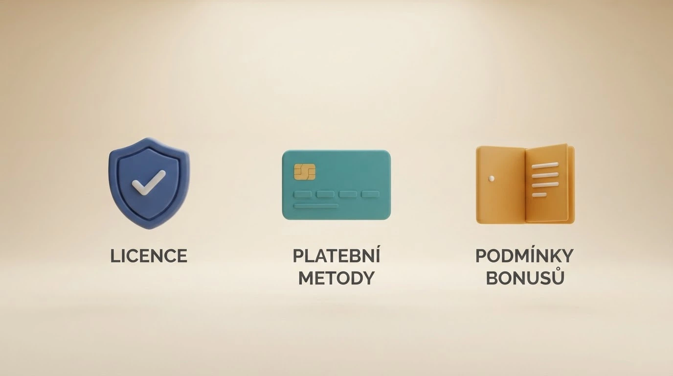 Tři ikony vedle sebe — štít s licencí, platební karta, dokument s bonusovými podmínkami — jako vizuální shrnutí
