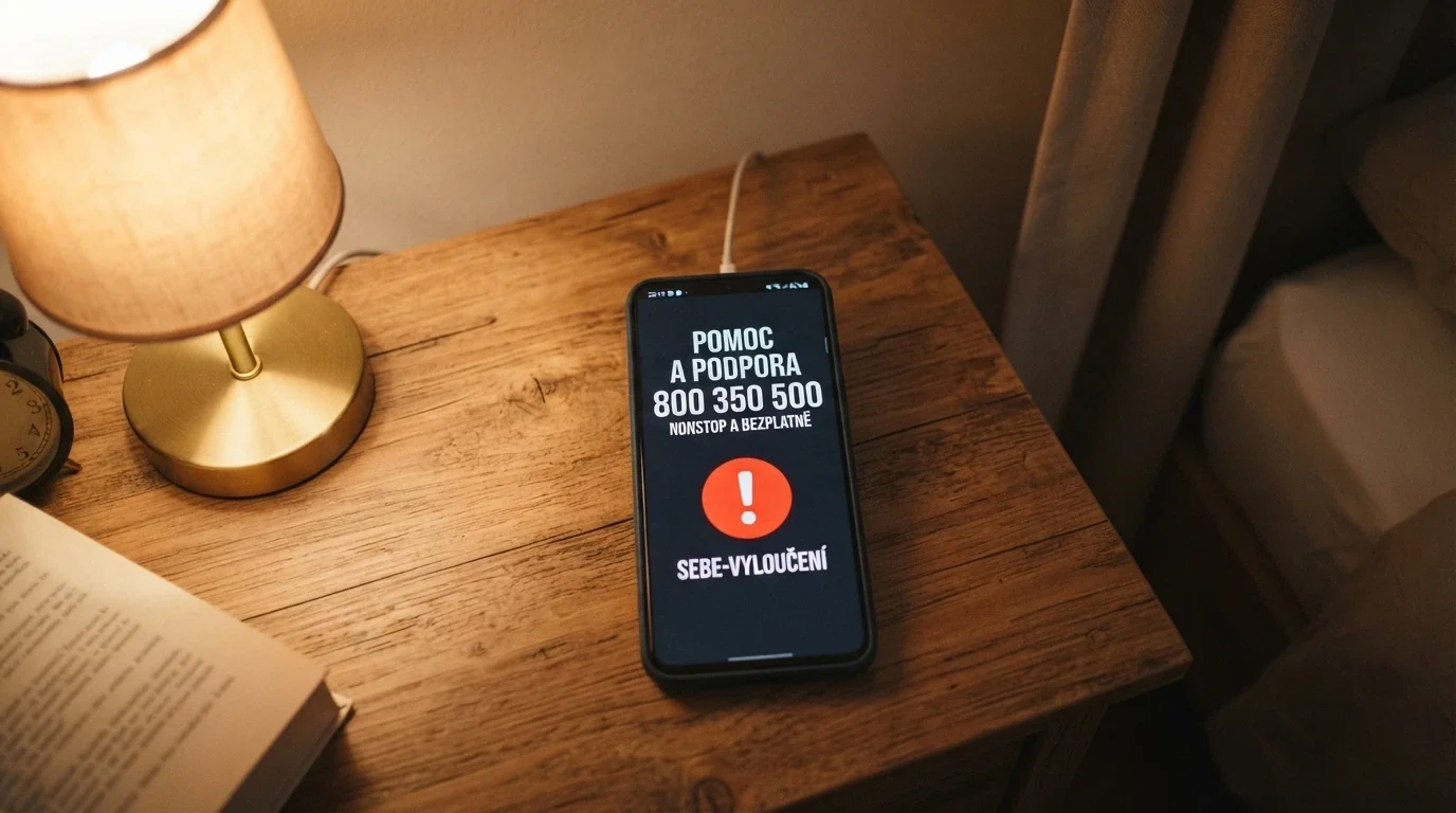 Telefon s číslem linky pomoci na displeji a vedle něj tlačítko s nápisem PANIC