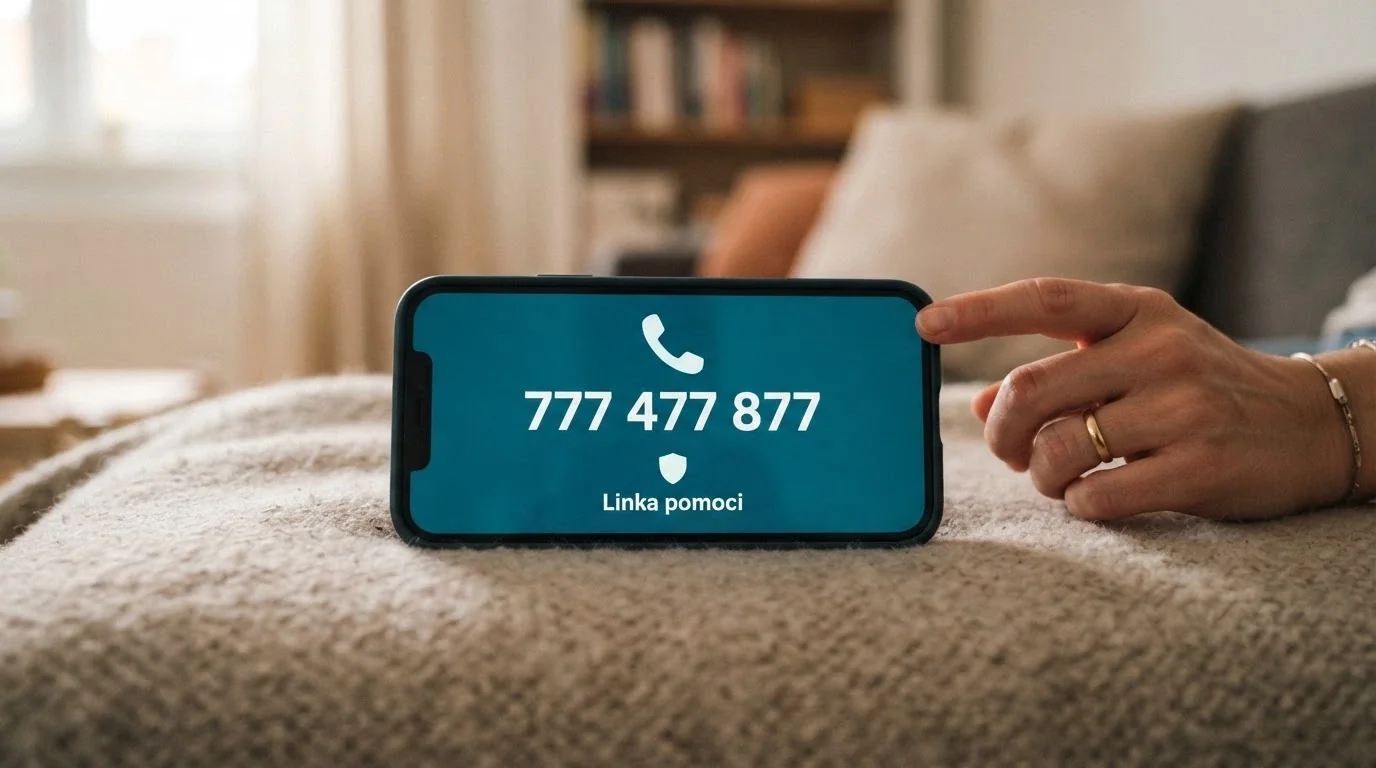 Telefon s vytočeným číslem linky pomoci 777 477 877 na pozadí loga Zodpovědné hraní