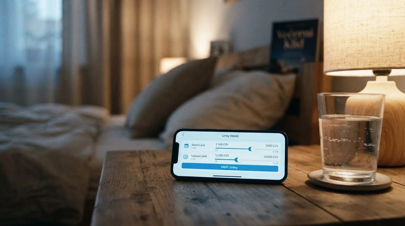 Telefon s otevřenou stránkou Linky pomoci a vedle něj nastavení herních limitů v rozhraní casina