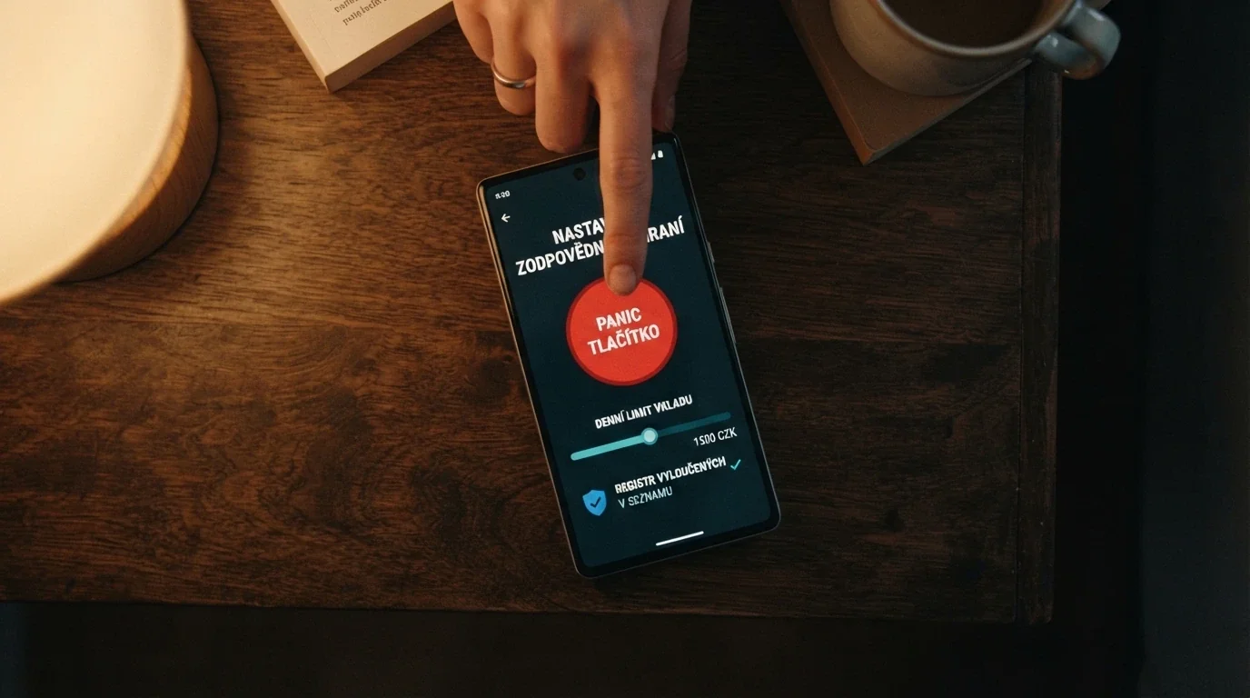 Rozhraní mobilní aplikace kasina s panelem zodpovědného hraní — nastavení denního limitu, tlačítko panic button a odkaz na RVO