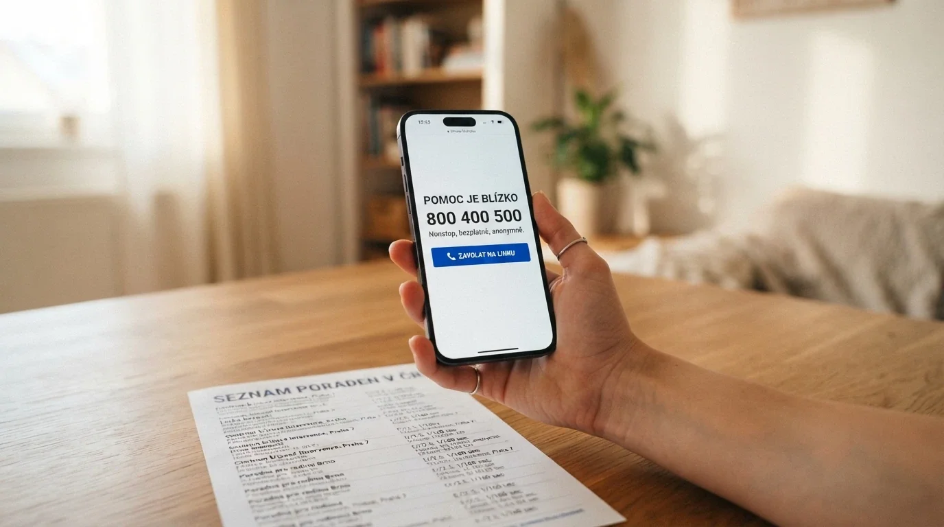 Telefon s otevřenou stránkou Linky pomoci, v pozadí leták s kontakty na adiktologické služby