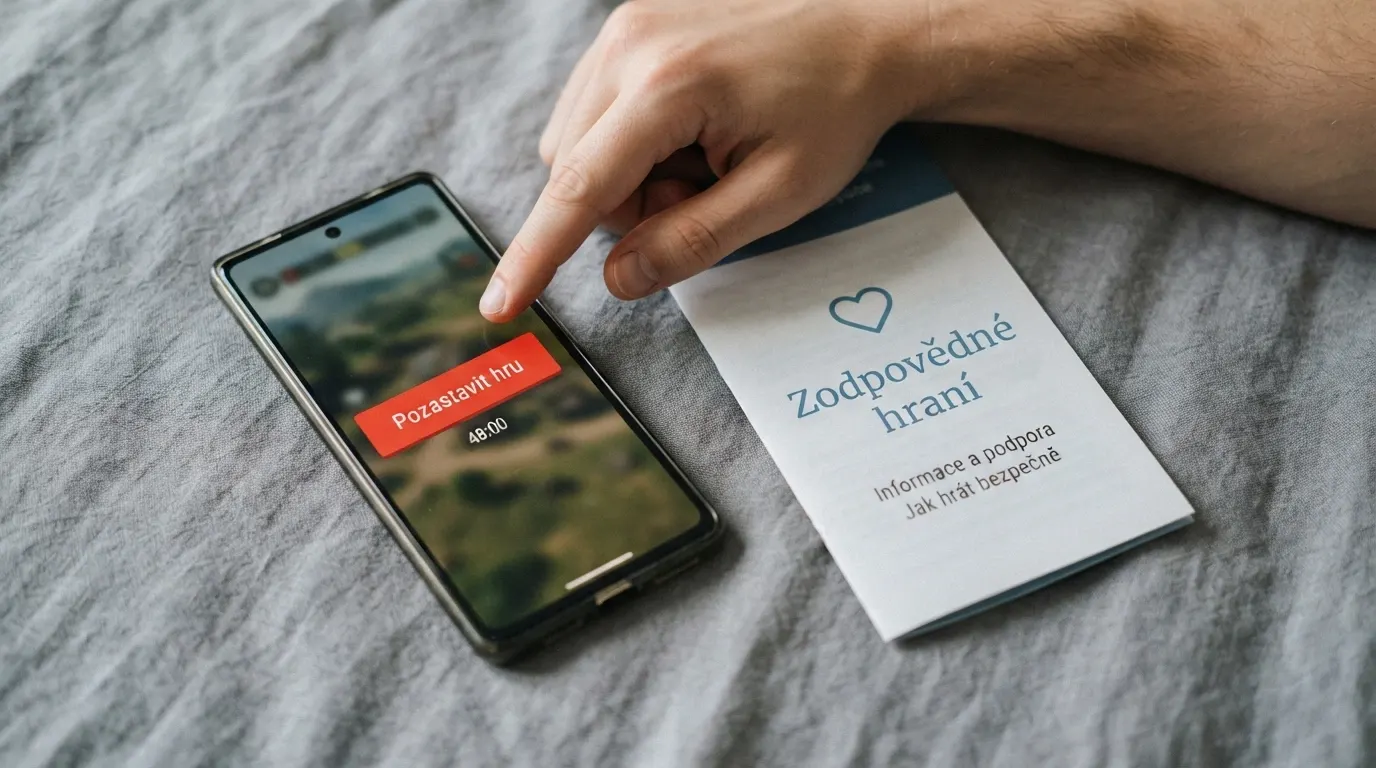 Telefon s vytočenou linkou pomoci, vedle informační leták Zodpovědné hraní a tlačítko Panic button na obrazovce