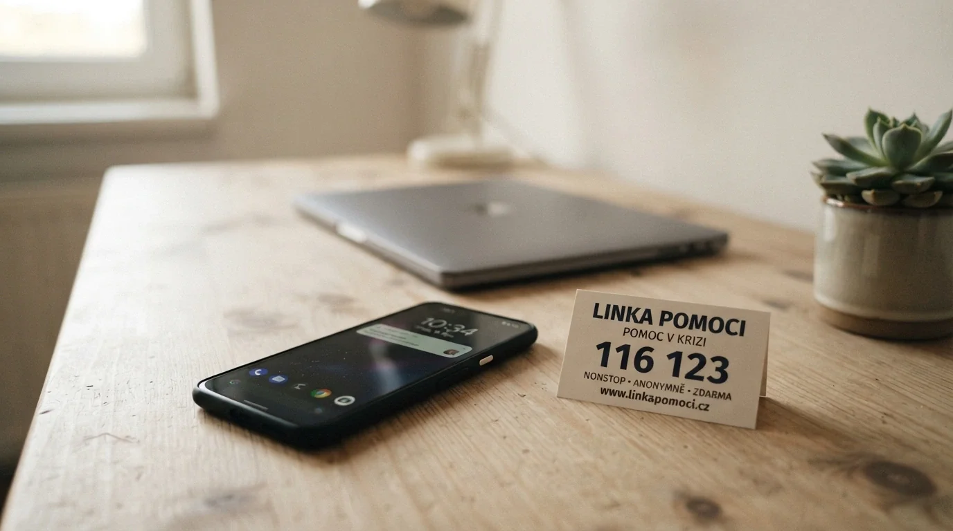 Telefonní sluchátko a vizitka s číslem linky pomoci na stole vedle zavřeného notebooku