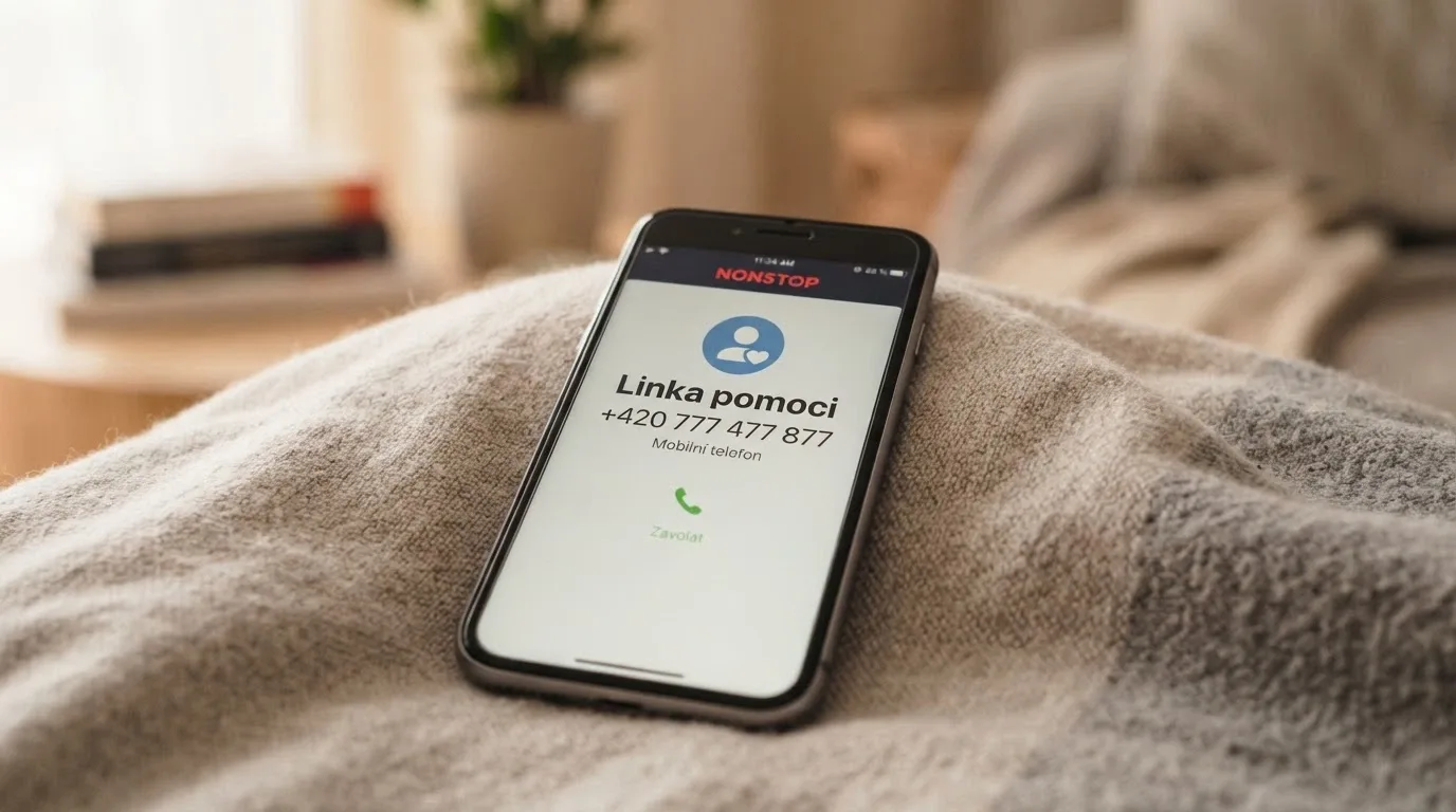 mobilní telefon s otevřeným kontaktem Linky pomoci +420 777 477 877 a na pozadí symbol NONSTOP