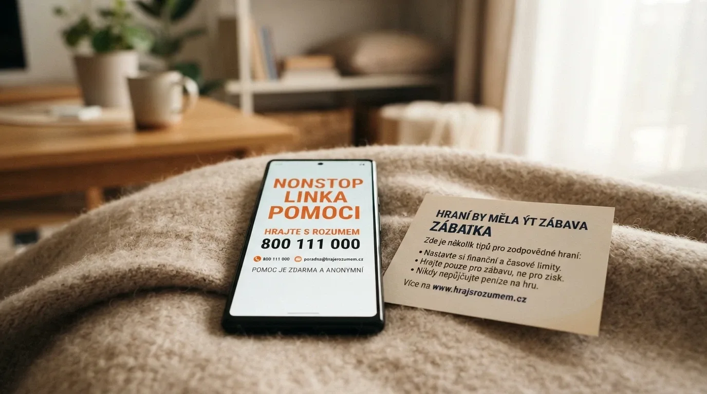 Telefonní linka pomoci s číslem 777 477 877 na displeji, vedle leták s informacemi o zodpovědném hraní