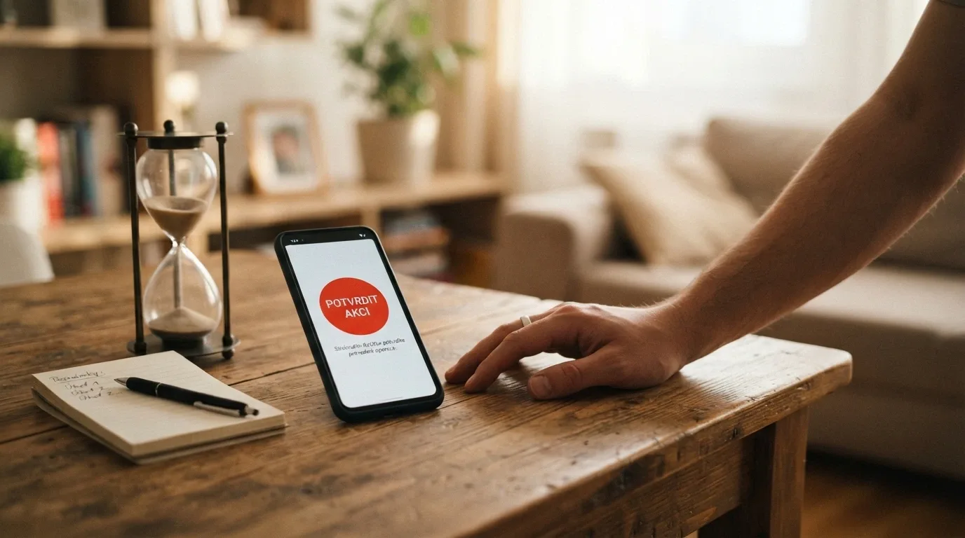 Telefonní sluchátko s číslem linky pomoci, vedle něj symbol přesýpacích hodin a tlačítka „Panic Button“